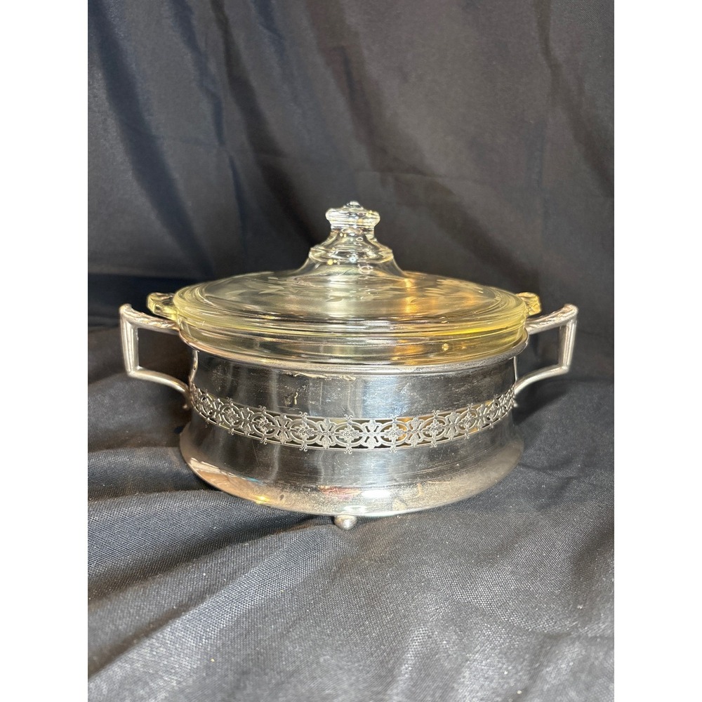 Vintage Glass‎ Casserole Dish with Ornate Silver Plated Stand and Lid
